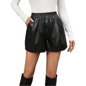 Floerns Women's Casual PU Leather Elastic Mini Shorts Baggy Fall Outfit Short Pants with Pocket (Black) Small