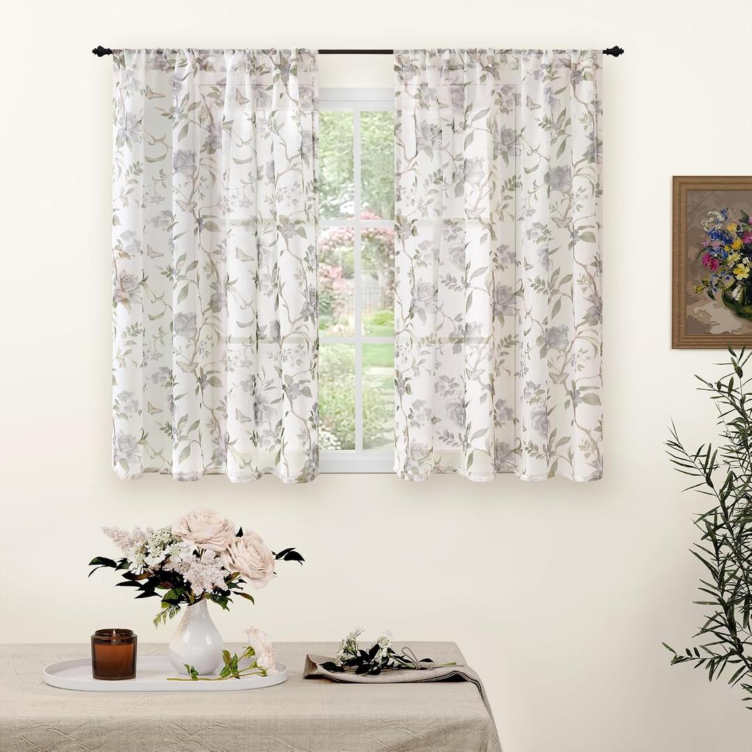 Lajode Sheer Curtains 54 Inch Length 2 Panels Set, Floral Patterned Linen Look Semi-Sheer Light Filtering Short Farmhouse Curtains for Bedroom Window, Rod Pocket, Grey, Each 52 Inch Wide