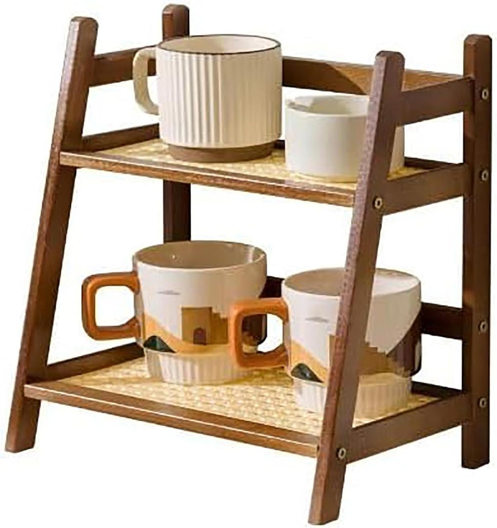 2 Tier Cup Holders Storage Rack, Double Layer Rattan Storage for Dormitory Office Desk, Kitchen, Tea, Plant, Bar Accessories Condiment Display (Wood)