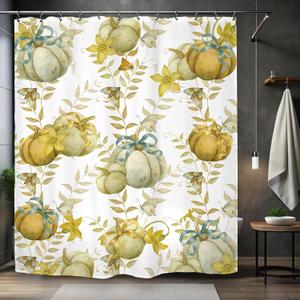 Kalmico Autumn Fall Pumpkin Shower Curtain 60Wx72L Inch Harvest Thanksgiving Leaves Plant Bathroom Set Accessories Decor with 12 Pack Hooks
