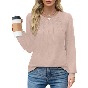 WIHOLL Womens Tunic Tops Loose Fit Long Sleeve Pleated Shirts Crewneck Tops (White, XL)