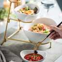 Miamolo 3 Tier Serving Bowls with Stand, Chips and Dip Serving Dishes Set for Entertaining Party, Ceramic Fruit Bowl for Salad Soup Snacks, Microwave & Dishwasher Safe