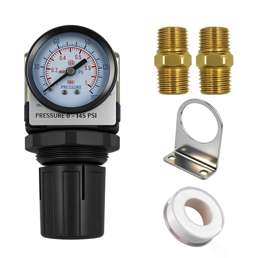HengMinLingTong AR2000-02 Air Compressor Pressure Regulator with Bracket and Pressure Gauge 1/4-inch NPT Female Thread Connection 0-150 PSI Adjustable Equipped with 1/4-inch NPT Threaded Fittings
