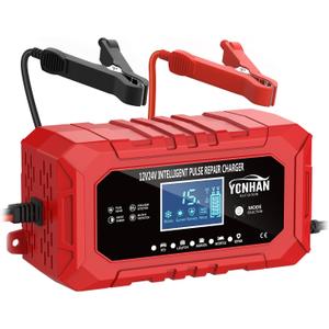 YONHAN 15A Battery Charger, 12V/24V LiFePO4 & Lead Acid Car Battery Charger, 9-Stage Trickle Charger with Temp Compensation, Automotive Battery Maintainer for Car Truck Motorcycle Lawn Mower Boat(Red)