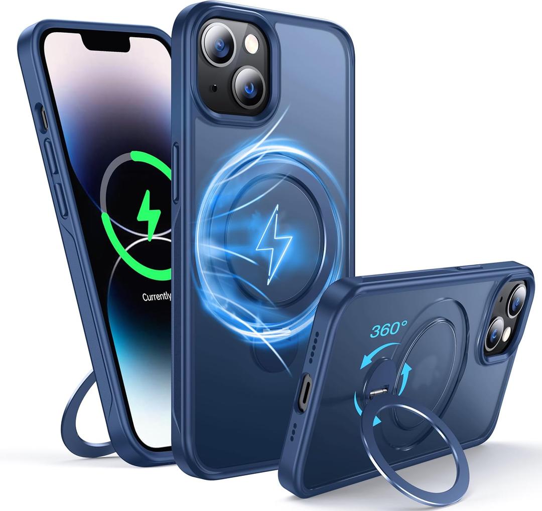 360Rotatable Magnetic Ring for iPhone 14 Plus Case/iPhone 15 Plus Case Compatible with MagSafe [Non-Slip Texture][Built-in Kickstand][Military Shockproof] Translucent Matte Silicone Slim, Blue