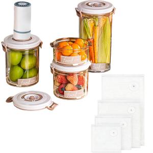 Vacuum Container,Vacuum Seal Containers,4pcs Airtight Food Storage Containers with Lids,4pcs Food Vacuum Bags/ 1pc Automatic Pump, Marinade and Keep Food Fresh with Time Dial, BPA Free(Circular)