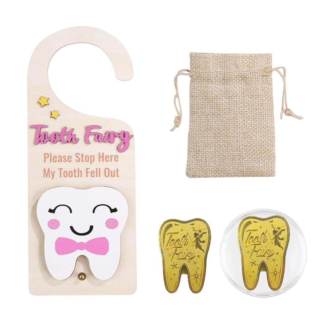 Tooth Fairy Tooth HolderTooth Fairy Door Hanger with Money Slot, Gold Coins and Cute BagsTooth Fairy Gifts for Girls Boys, First Milk Teeth Loss Tooth Fairy Pouch (Pink)