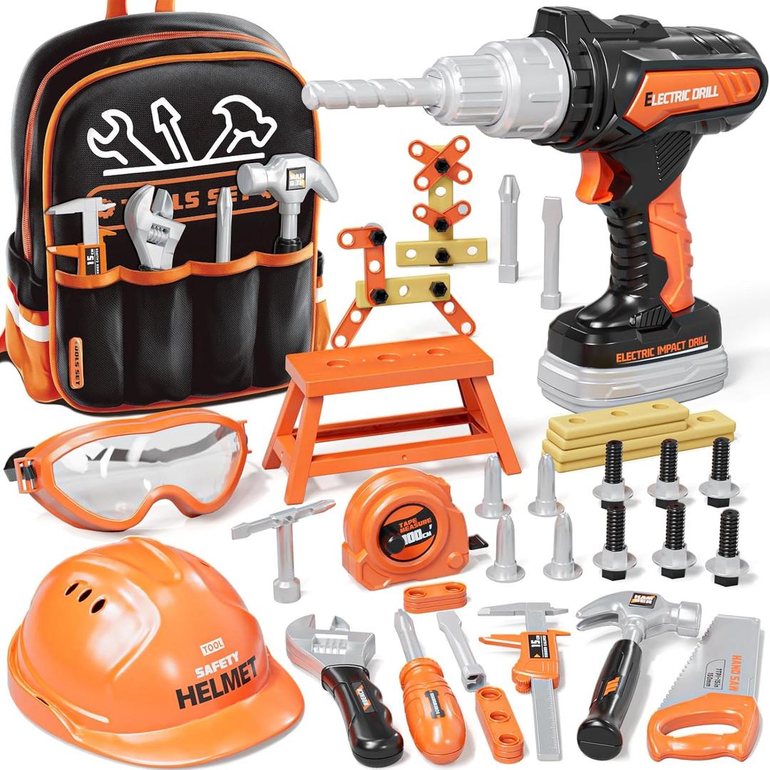 KidBloom Toddler Tool Set with Backpack, 50 PCS Kids Tool Set with Electronic Toy Drill, Safety Helmet & DIY Parts, Toys for 3 4 5Year Old Boys