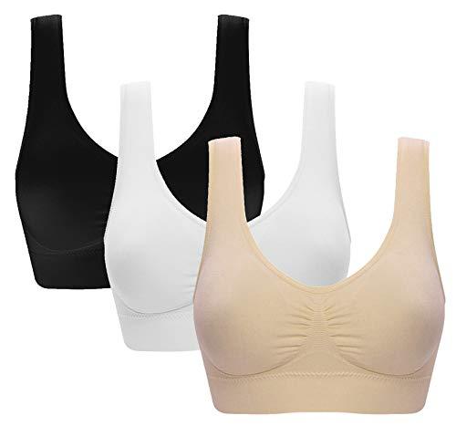 Vermilion Bird Women's 3 Pack Seamless Comfortable Sports Bra with Removable Pads L/Shirt Size 10,12 Black &White &Nude