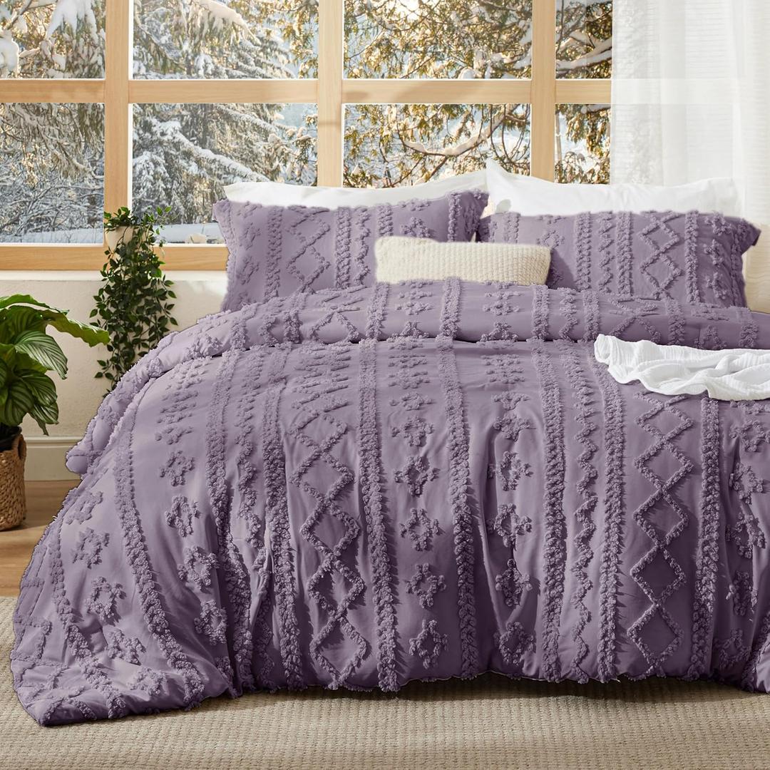 Bedsure Tufted Boho Comforter Set King Size - Grayish Purple Boho Bed Set, GentleSoft 3 Pieces Farmhouse-Style Embroidery Bedding, Gifts for Woman, Soft Jacquard King Comforter for All Seasons