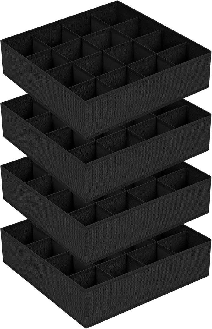 DIMJ Sock Drawer Organizer Dividers - 4 Pack 64 Cell Underwear Organizer Foldable Closet Storage for Ties, Belts, Lingerie, Hijab, Scarf, Handkerchiefs, Fabric Dresser Storage