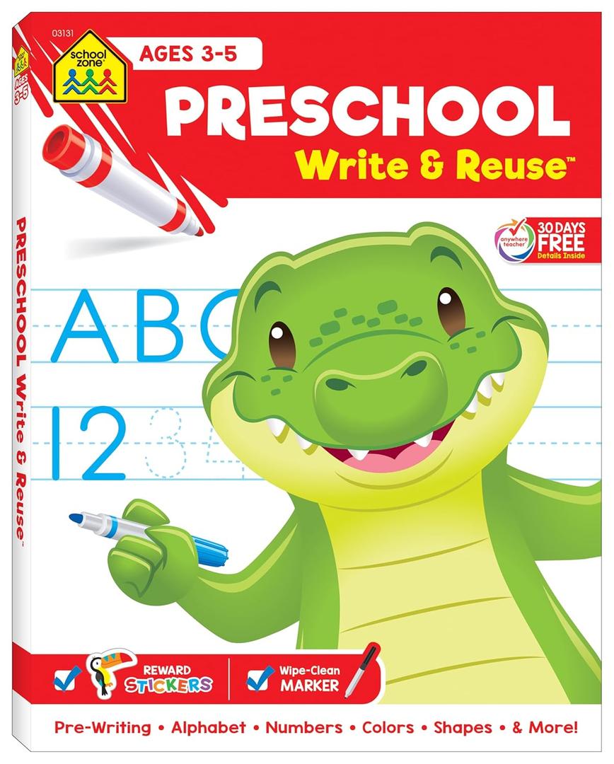 School Zone Preschool Write & Reuse Spiral Workbook: 52 Wipe-Clean Pages, Pre-K, Write-On Learning, Write and Wipe, Writing, Early Math, Numbers, Ages 3-5 (School Zone Write & Reuse Workbook)