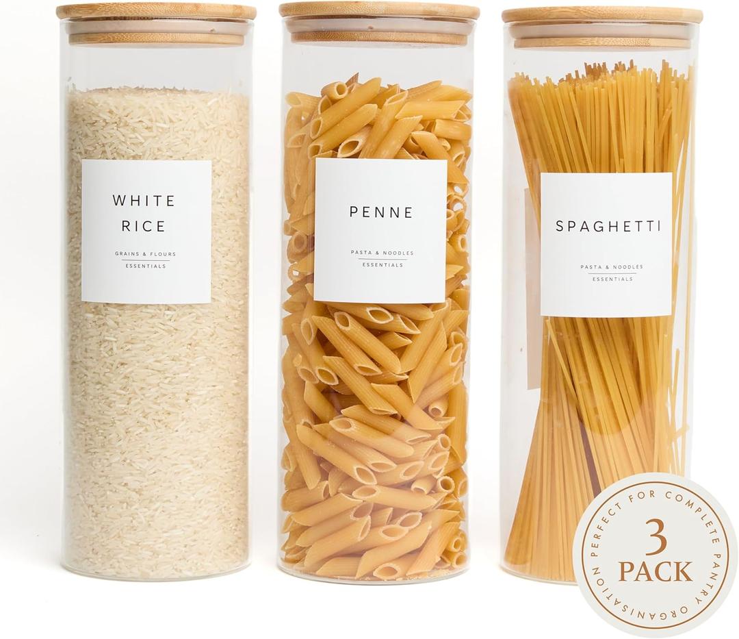 Set of 3 Glass Pantry Storage Containers with Lids- 12 Pantry Labels (70oz) Glass Canisters with bamboo lids-Perfect Rice, Cereal, Flour, Pasta, Oats, food storage -Airtight-kitchen canisters (3 pack 2200ml)