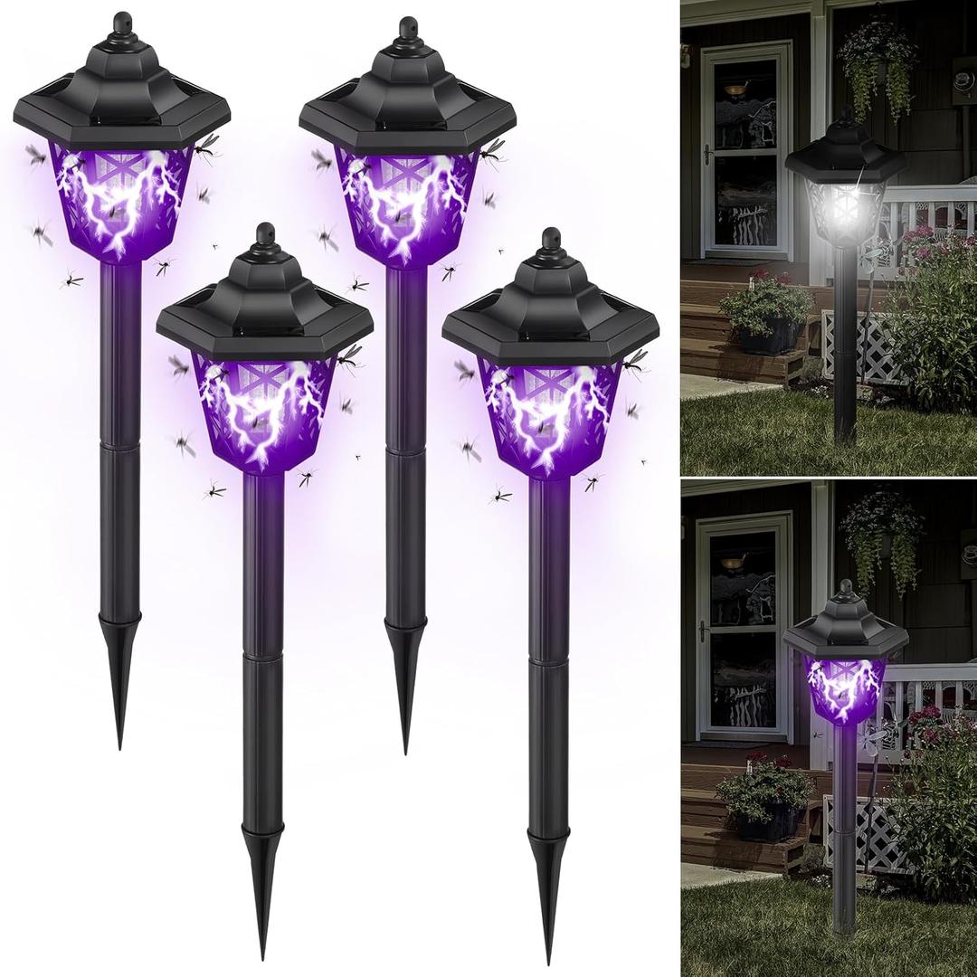 Qualirey 4 Pcs Solar Bug Zapper Outdoor Mosquito Repellent Mosquito Killer Lamp 2 In 1 LED Waterproof Zapper for Home Backyard Patio Garden Lawn Pathway Camping