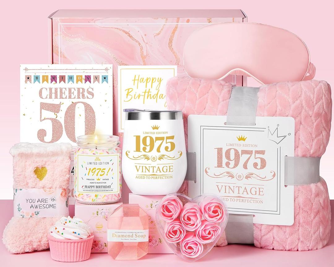 50th Birthday Gifts for Her - Unique Spa Gift Baskets for Women Over 50 - Cool Gifts for Turning 50 Year Old Woman, Happy Birthday Gift Box with Blanket for Sister Friend Wife Aunt Mom Gift Birthday