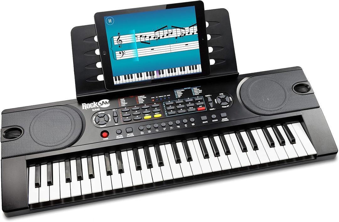RockJam 49 Key Keyboard Piano with Power Supply, Sheet Music Stand, Piano Note Stickers & Simply Piano Lessons, Black (Black)