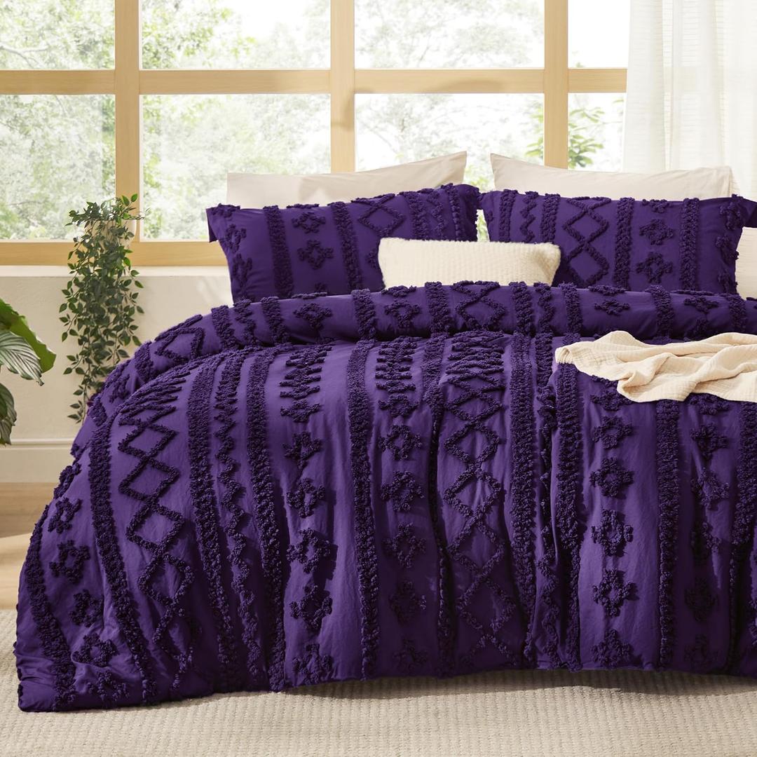 Bedsure Tufted Boho Comforter Set King Size - Purple Boho Bed Set, GentleSoft 3 Pieces Farmhouse Shabby Chic Embroidery Bedding, Gifts for Woman, Soft Jacquard King Comforter for All Seasons (01 - Purple - Elegant)