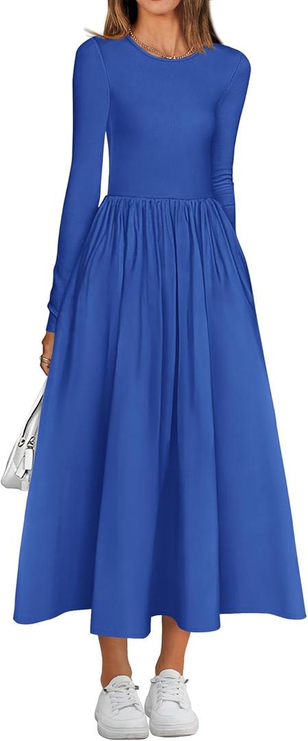 BTFBM Casual Long Sleeve Dresses Spring Dresses 2025 Wedding Guest Dress Midi Dress Flowy Bohemian Long Dress (Blue, S)