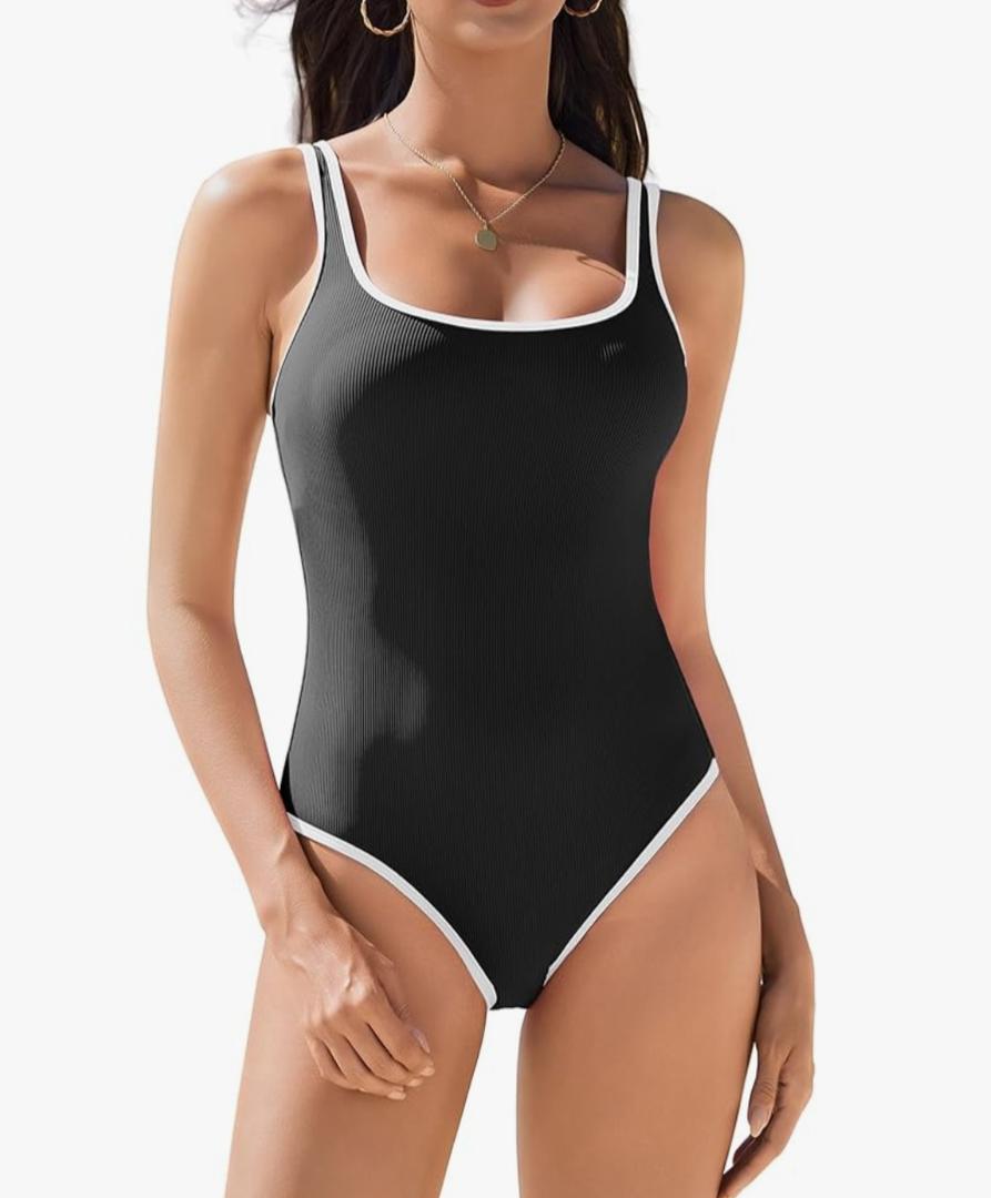 AI'MAGE Womens One Piece Swimsuit Ribbed High Cut Bathing Suit Color Block Sport Swimwear with Adjustable Strap,M