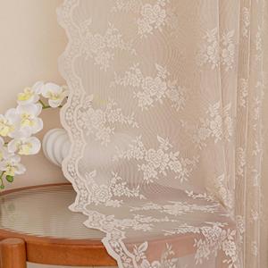 MEETSKY Beige Lace Curtains 63 Inches Length, Lace Sheer Curtains for Bed Room, Floral Vintage Light Filtering Short Curtains for Girls Room Princess Room, Lace Drapes 2 Panels, Each Panel 50W x 63L