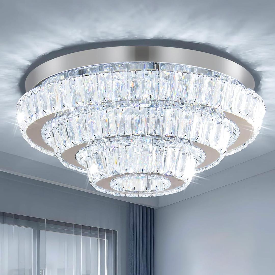 Modern LED Crystal Chandelier 3-Tier LED Ceiling Light Round Ceiling Flush Mounted Chandelier Light Fixure for Dinning Room Bedroom Living Room (Cool White)