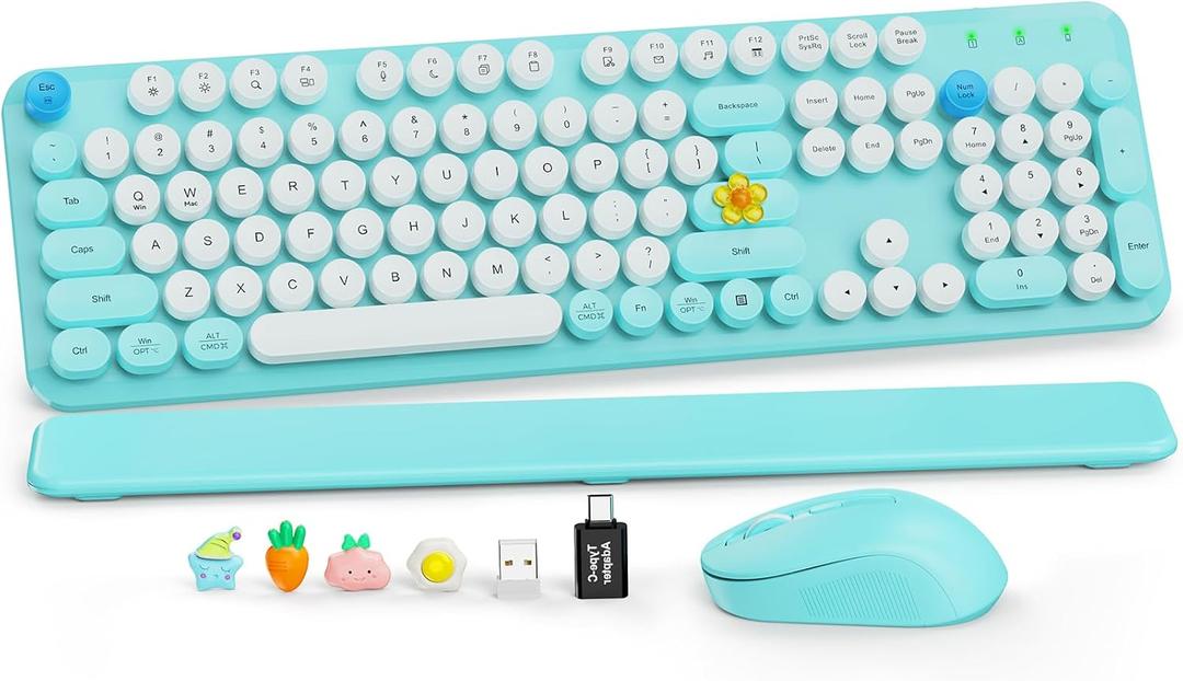 Wireless Keyboard and Mouse Combo, Full-Size Retro Typewriter Keyboard with Round Keycaps, Magnetic Wrist Rest, Tilt Legs, 2.4GHz Cordless for Mac, Windows PC, Laptop, SABLUTE CK23, Robin Egg Blue