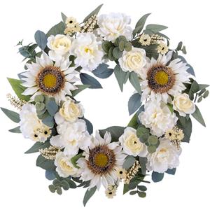 Spring Wreath for Front Door - 24 Inch White Flower With Artificial Sunflower, Peony, Rose - Mixed Faux Floral Spring Summer Decoration for Home Indoor Outdoor Door Wall