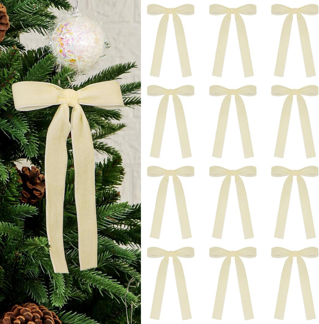 16Pcs Velvet Bows 5x7 Inch Christmas Tree Ribbon Bow for Gift Wrapping, Wreath, Garland, Fireplace, Staircase, Window, Cabinet, DIY Crafts, Holiday Wedding Home Decoration (Cream White)