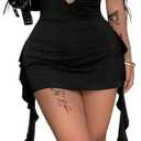 SOLY HUX Women's Sexy Halter Mini Dress Open Back Y2k Deep V Neck Backless Ruffle Fringe Bodycon Club Dresses (Large, Plain Black)