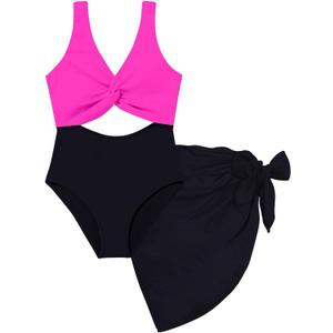 Funnycokid Girls One Piece Swimsuit Color Block Teen Bathing Suit with Pad Cover Up Skirt(7-16Y)