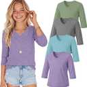 4 Pack Girls' 3/4 Sleeve T Shirts | V Neck, Kids, Youth, Blouse, School, Every Wear, Casual, for 5-14 Years, Tops, Soft, Teen, Active, for Tween
