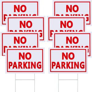 Juexica 8 Pcs No Parking Signs with Stakes 8 x 12 Inch Plastic Waterproof Outdoor Double Sided No Parking Yard Signs with Metal H Stands for Driveways Yard Lawn(Red Letters on White Background)