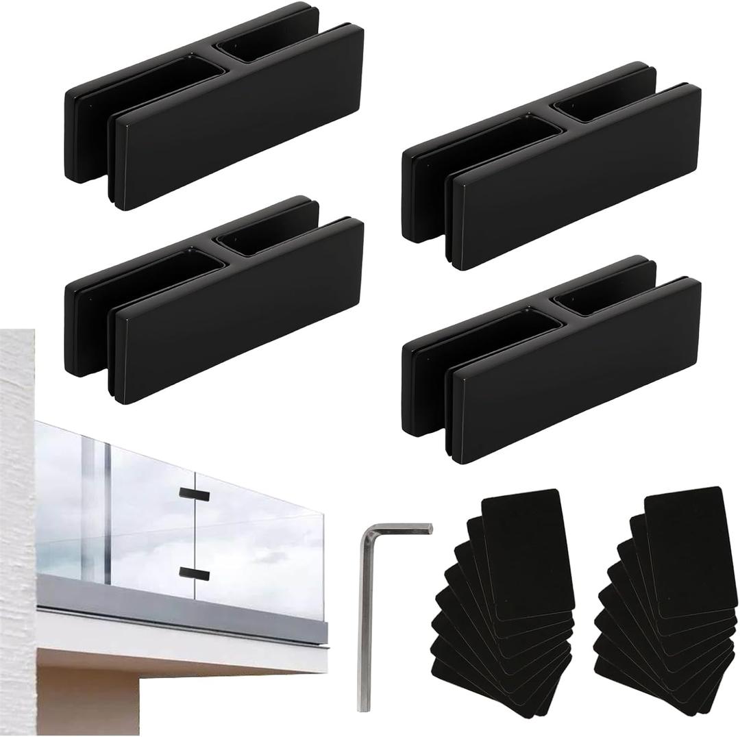 180 Degree Railing Glass to Glass Clamp, 4 PCS Black Stainless Steel 304 Double Sided Railing Clamp Holder with Rubber Gaskets for Balustrade Coastal Outdoor Pool Fence