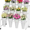 Flower Stand, 3-Tier Flower Display Stand with Buckets for Indoor Outdoor, Flower Cart Display Stand with Wheels for Courtyard, Balcony, Flower Shop, Wedding, Party, Exhibition (White)
