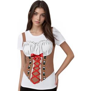 Oktoberfest T-Shirts for Womens Bavarian German Lederhosen Costume 3D Novelty Shirt Short Sleeve Festival Outfit (White, XXL)