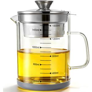 Jucoan 50 oz /1.5L Glass Bacon Grease Container with Strainer, Yogurt Strainer & Iced Tea Pitcher, High Borosilicate Glass Pitcher with Stainless Steel Filter for Filtering Nut Milk