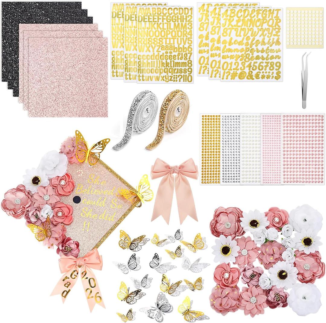 Wavwavw 68 Pcs DIY Graduation Cap Decorations Kit, Faux Flowers 3D Butterfly Bow Self Adhesive Rhinestones and Alphabet Letter Stickers for 2026 Grad Cap Topper Decor Graduation Party (Rose Gold)