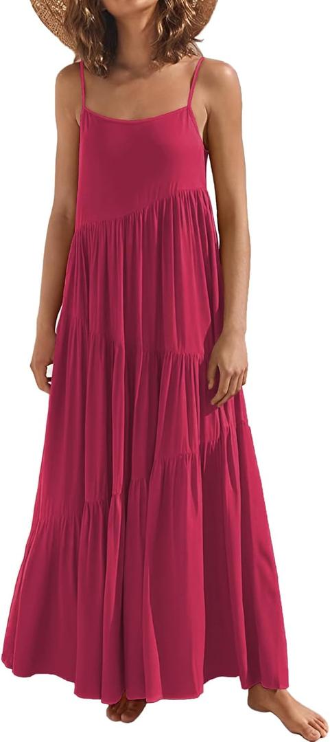 Womens Summer Dresses Loose Sleeveless Spaghetti Strap Asymmetric Tiered Maxi Dress (Medium, Rose)
