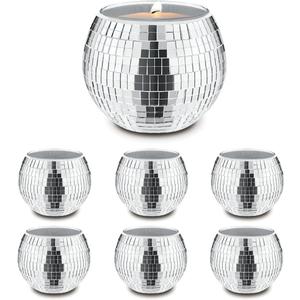 6 PCS Disco Ball Silver Votive Candle Holders,Glass Mirror Candle Holder Disco Ball Candle Holder Discos Balls Candle Vase Can Be Used for Wedding,Dining Table,Party Discos Decoration