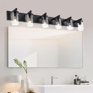 BONLICHT Black Vanity Light Glass Wall Sconce 6 Light Farmhouse Bathroom Light Fixture Over Mirror,Industrial Vintage Bath Lighting Interior Wall Lights Modern Wall Lamp for Dining Room Kitchen Office