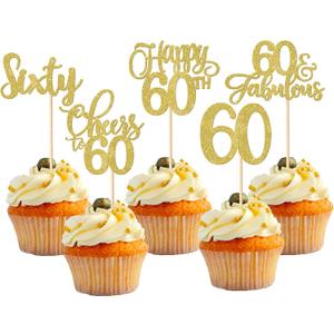 Rsstarxi 30 Pack Gold Happy 60th Birthday Cupcake Toppers Glitter Sixty 60 Fabulous Cheers to 60 Years Old Cupcake Food Picks for Happy 60th Birthday Wedding Anniversary Party Cake Decorations