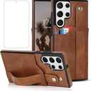 NKECXKJ Design for Samsung Galaxy S22 Ultra 5G Phone Case with Screen Protector Adjustable Wrist Strap Kickstand Credit Card Slot Slim Shockproof Hybrid Rugged Protective Cover for Men 6.8 inch Brown