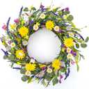 J'FLORU Artificial Spring Wreath Summer Wreaths for Front Door Floral Wreath with Daisy and Lavender for Indoor Outdoor Easter Celebration (18 Inch) (Multicolor)