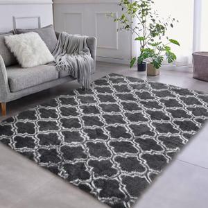 GAOMON Area Rug 7.5x9 Modern Indoor Plush Bedroom Rug Luxury Living Room Fluffy Rug Plush Shag Geometric Carpets for Girls Boys Kids Room Dorm Nursery Home Non-Skid Rug Dark Grey