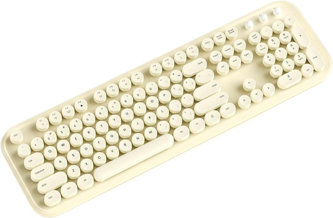 Typewriter Keyboard Wireless 2.4GHz 104-Key Full Size with Numpad Silent Keys Membrane Gaming Keyboard Aesthetic Round Keycaps Ergonomic for Win/Mac/PC/Laptop, 2 AAA Batteries, Beige