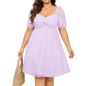 Plus Size Graduation Dress - Summer Swiss Dot Sweetheart Neckline Short Sundress Puff Sleeve Cute Flowy Chiffon Dresses (Purple) 16W