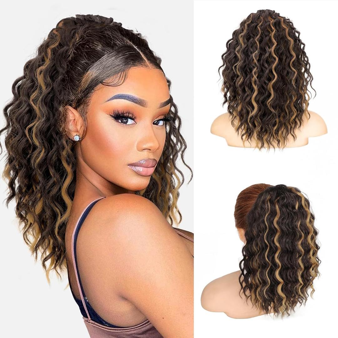 Isaic Ponytail Extension 12 Inch Long Wavy Curly Ponytails Drawstring Ponytail for Black Women,Pony Tails Hair Extensions Synthetic Hairpiece for Daily Use(H4/27B#)