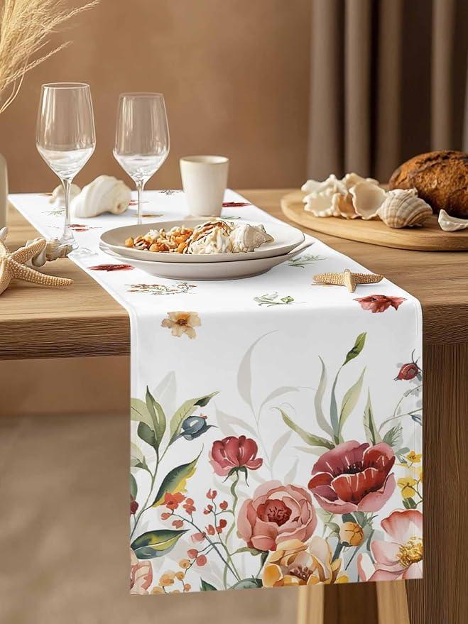 Watercolor Country Wildflower Table Runner 72 Inches Long, Farm Floral Art Table Runners Tabletop Scarf Kitchen Dining Tables Decoration for Home Party Indoor Outdoor