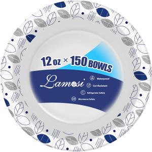 Lamosi 150 Counts 12 oz Paper Bowls, Heavy Duty Soak Proof Paper Bowls, Microwave Safe, Disposable Bowls Bulk for Breakfast, Lunch, and Dinner Meals