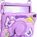 for iPad mini 7 Case A17 Pro 2024, for iPad mini 6th Generation Case 8.3 Inch - Girls Cute Kawaii Girly 3D Purple Butterfly Design Cover with Rotating Stand & Strap Unique Silicone Women Case